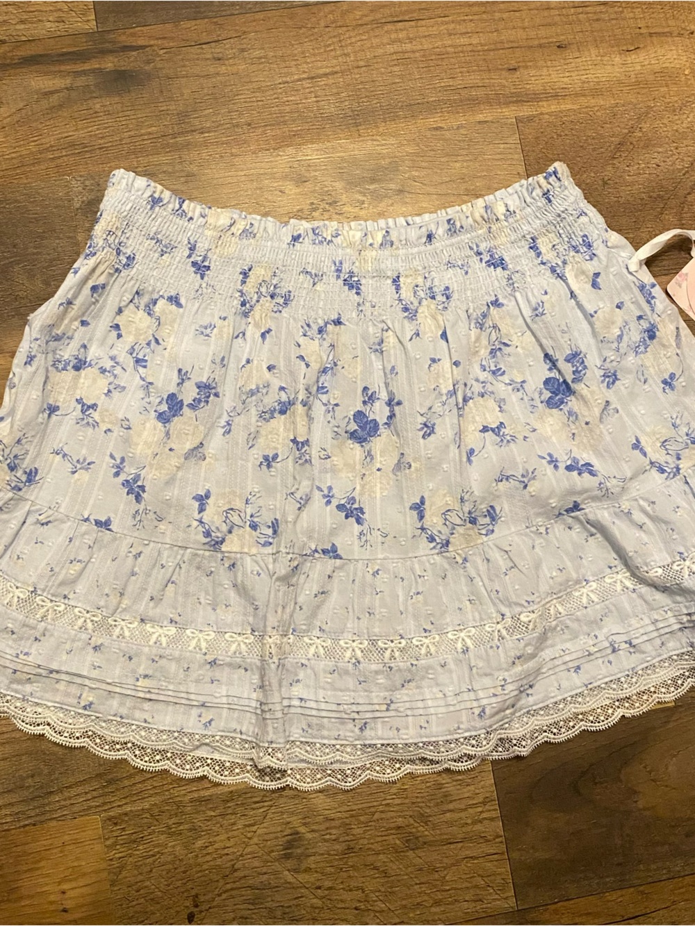 LoveShackFancy Light Blue and White Floral Lace-Trim Mini Skirt